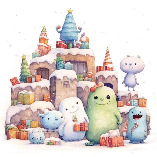 Una ilustración en acuarela de una familia de monstruos frente a un castillo con adornos navideños.