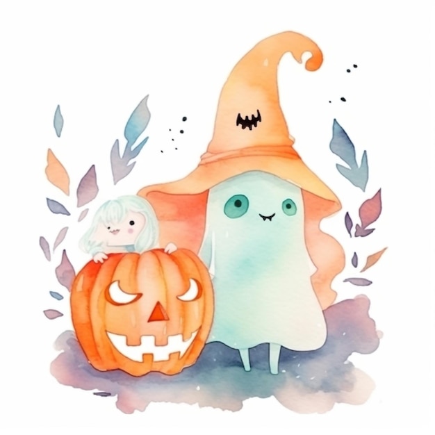 Ilustración acuarela de un fantasma y una calabaza