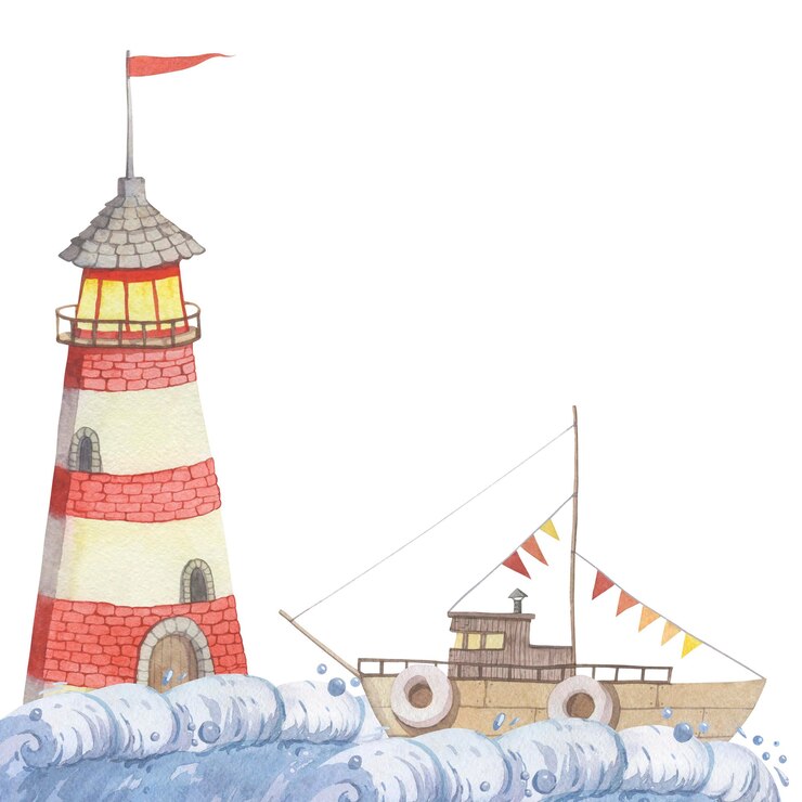 Ilustración en acuarela con un faro y un barco de madera sobre el fondo de una ola marina