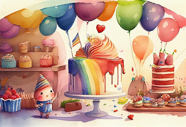 Ilustración de acuarela de fiesta de cumpleaños decorada con comida AI generativa