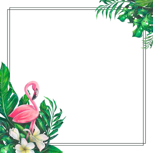 Ilustración acuarela de un flamenco rosa con hojas tropicales