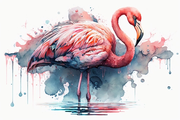 Ilustración de acuarela de flamenco rosado Hermoso pájaro elegante IA generativa