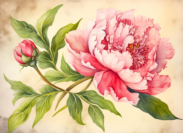 Ilustración acuarela de una flor de peonía rosa