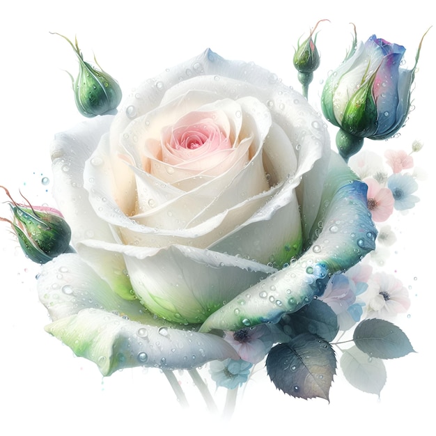 Ilustración en acuarela de una flor de rosa blanca con gotas de rocío sobre un fondo blanco