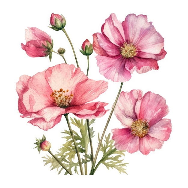 Ilustración de acuarela de flor rosa para invitaciones y álbumes de recortes AI generativa