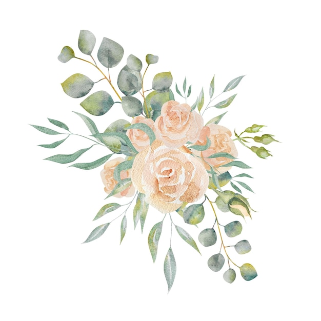 Ilustración en acuarela con flores de rosa de melocotón y ramas de eucalipto ramo con rosas de melocótono