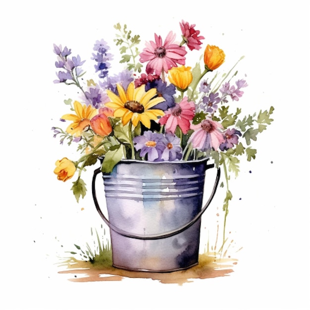 Ilustración en acuarela de flores silvestres en una bandeja