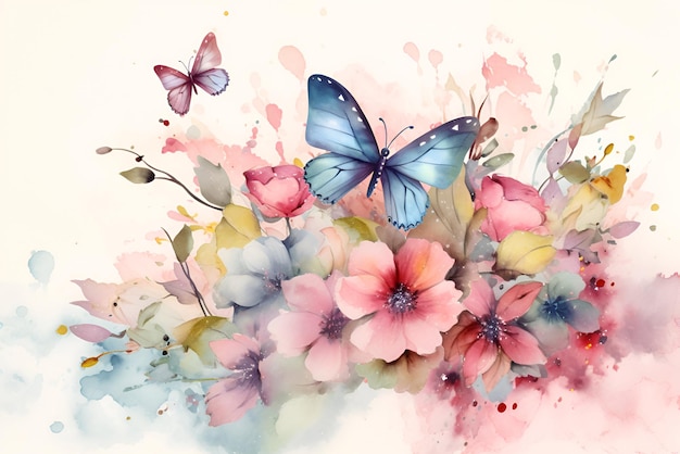 Ilustración acuarela de flores silvestres y mariposas de primavera y verano Fondo de primavera y verano IA generativa