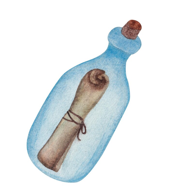 Foto ilustración en acuarela de fondo blanco con una botella con una letra aislada en el interior