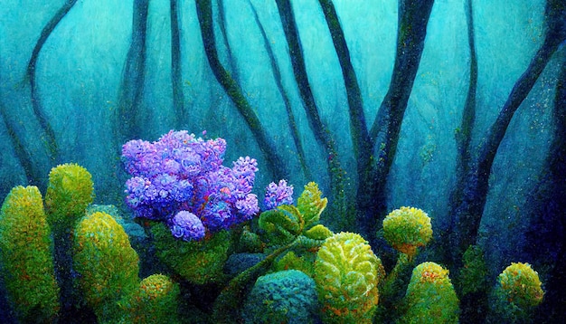 Ilustración acuarela de un fondo de cuento de hadas de plantas acuáticas submarinas misteriosas y fantásticas