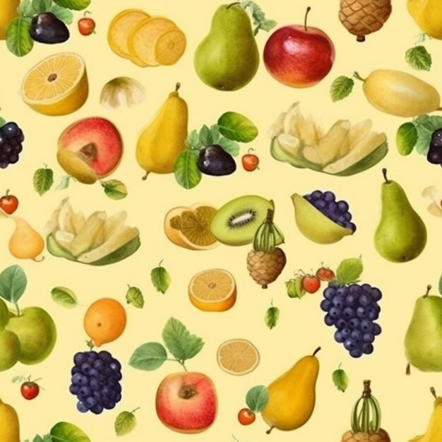 Una ilustración acuarela de frutas sobre un fondo amarillo.