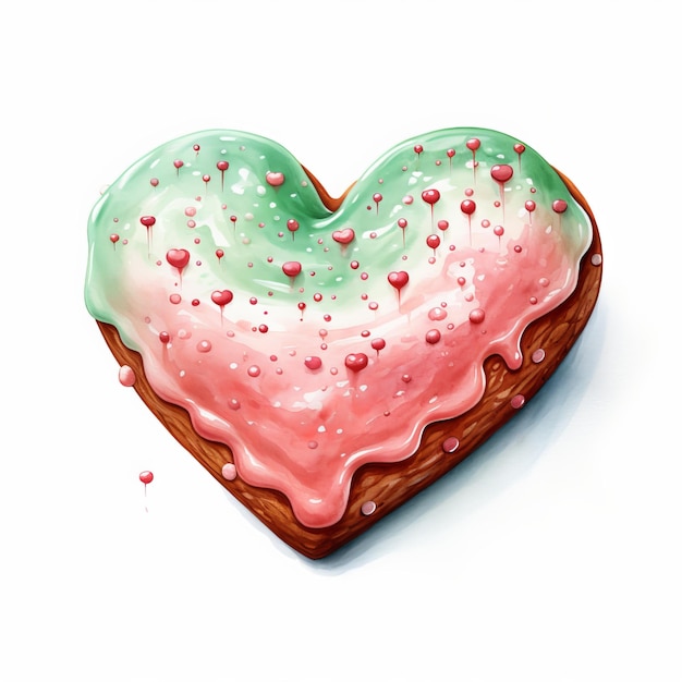 Ilustración en acuarela de una galleta de pan de jengibre en forma de corazón con salpicaduras