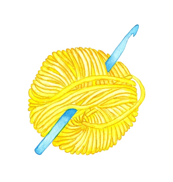Ilustración acuarela de un ganchillo atascado en una madeja amarilla un ovillo de lana para tejer