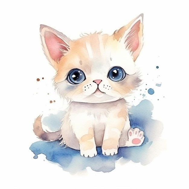 Ilustración acuarela de un gatito con ojos azules.