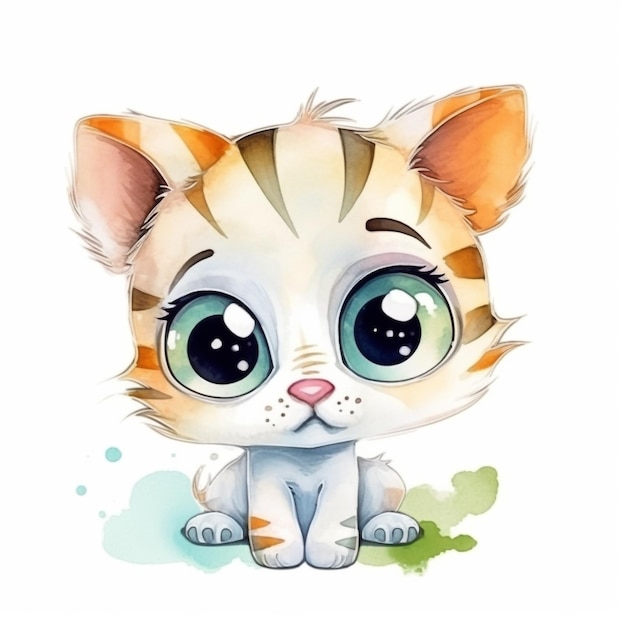 Ilustración acuarela de un gatito con ojos grandes.