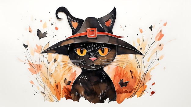 Ilustración en acuarela de un gato brujo de Halloween