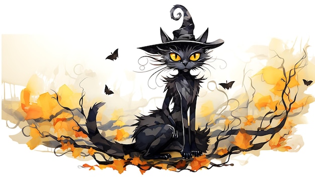 Ilustración en acuarela de un gato brujo de Halloween