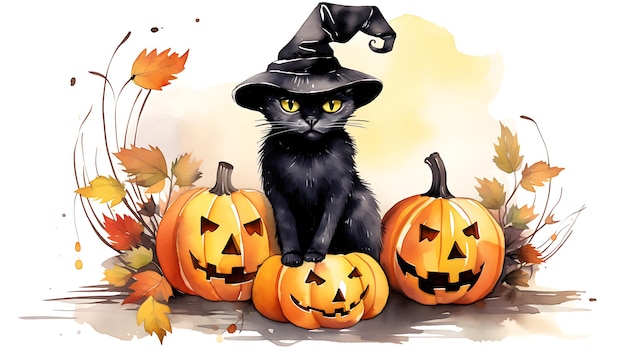 Ilustración en acuarela de un gato brujo de Halloween