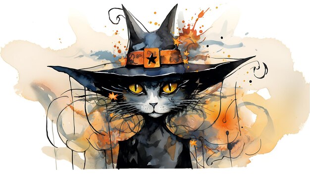 Ilustración en acuarela de un gato brujo de Halloween