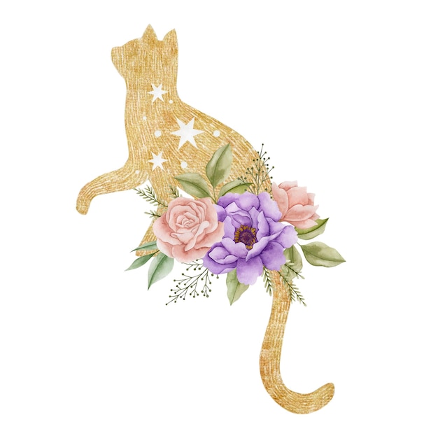 Ilustración acuarela de un gato y un ramo de flores aislado sobre un fondo blanco.