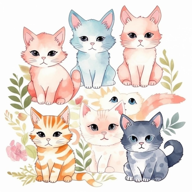 Una ilustración acuarela de gatos en diferentes colores.