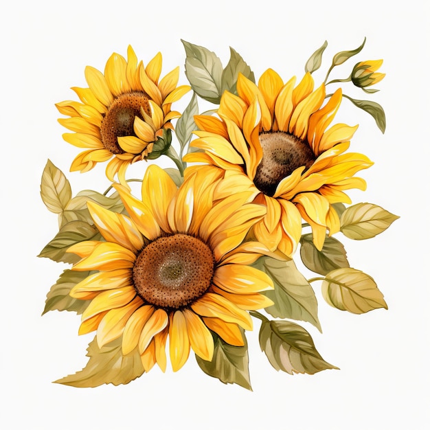 Ilustración acuarela de girasoles Acuarela floral Botánico Dibujo Fondo blanco