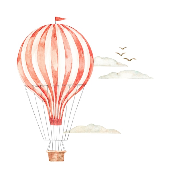 Foto ilustración de acuarela. globo de aire caliente en el cielo. fondo con dirigible retro, nubes y pájaros