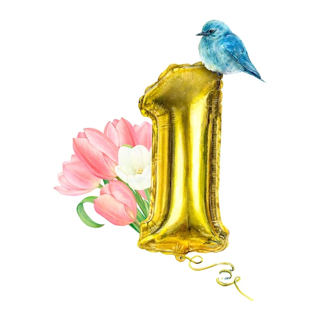 Ilustración en acuarela de globo dorado y pájaro azul y ramo de tulipanes dibujados a mano en blanco