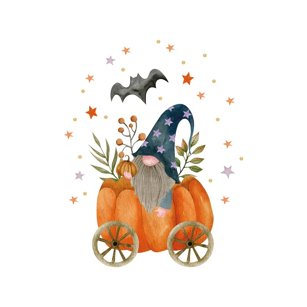 Ilustración acuarela de gnomo en un carro de calabaza fiesta de halloween hola octubre otoño