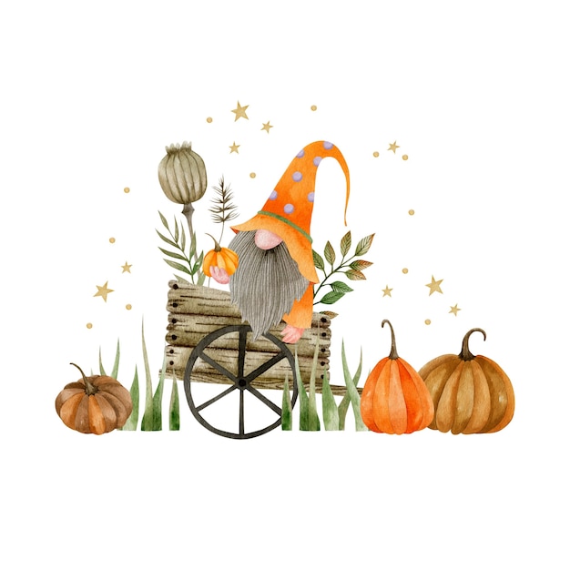 Ilustración acuarela de un gnomo en un carro plantas de otoño fiesta de halloween hola octubre