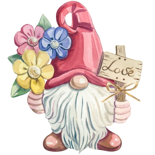 Ilustración en acuarela de un gnomo con flores sosteniendo la inscripción amor en su mano