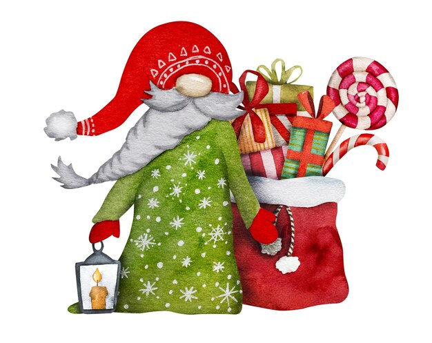 Ilustración en acuarela de un gnomo navideño al estilo escandinavo con un saco de regalos para el nuevo