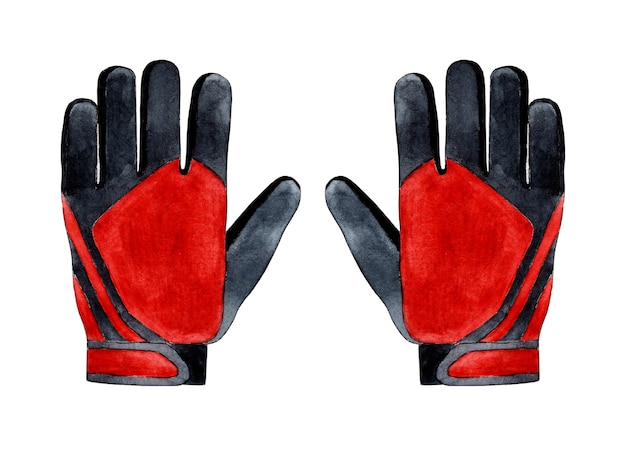 Ilustración acuarela de guantes de portero de fútbol rojo negro Uniforme deportivo de portero