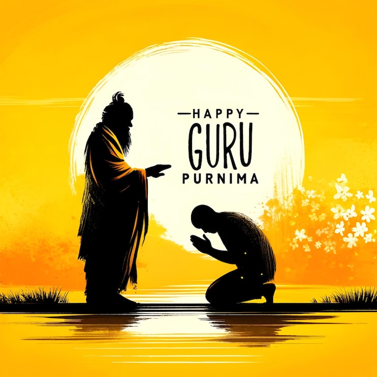 Foto ilustración en acuarela para guru purnima con una silueta de un guru bendiciendo a un discípulo