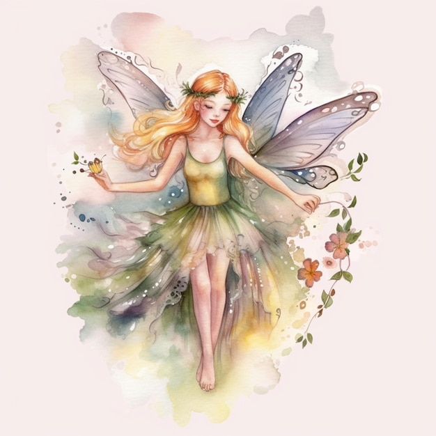 Una ilustración acuarela de un hada con mariposas y flores.