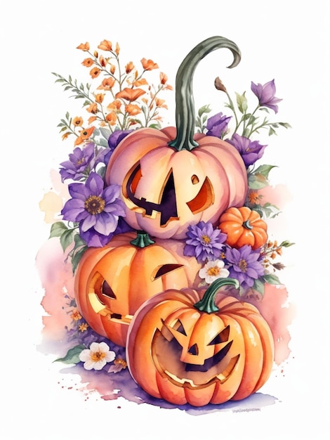 Ilustración acuarela Halloween calabaza aterradora flores coloridas