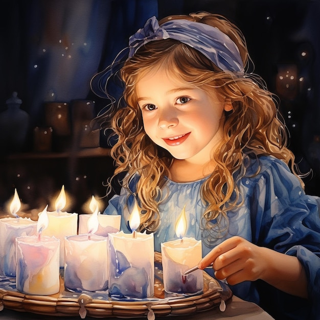 Ilustración acuarela de Hanukkah Niños y velas