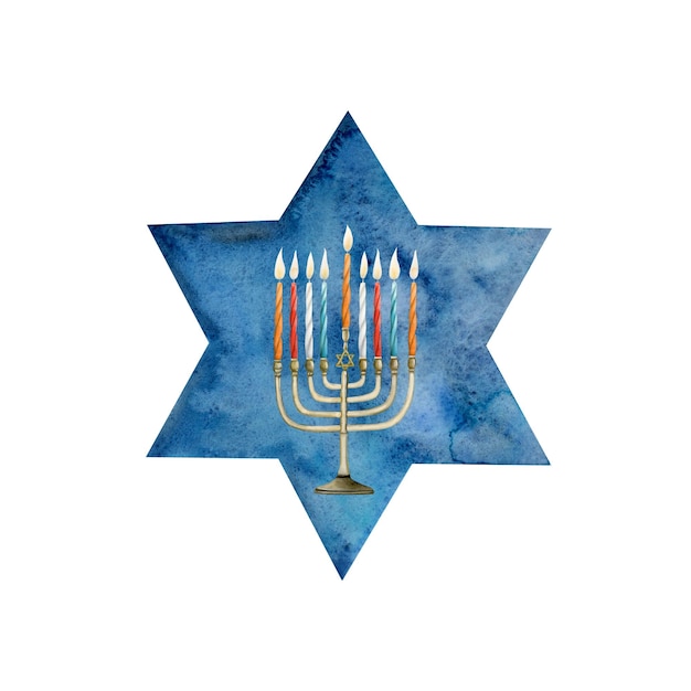 Ilustración de acuarela de Hanukkah con símbolos festivos menorá con velas multicolores en la estrella azul de David