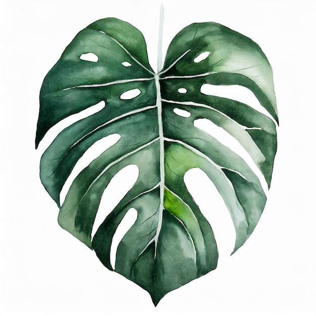 Foto ilustración en acuarela de una hermosa hoja de monstera verde sobre un fondo blanco arte dibujado a mano