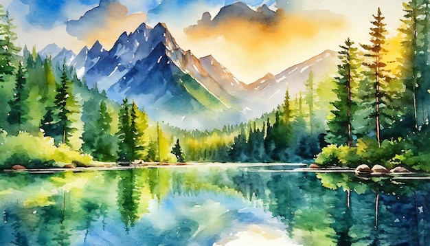 Ilustración en acuarela de un hermoso paisaje de verano con lagos, montañas, bosques verdes a la luz del sol