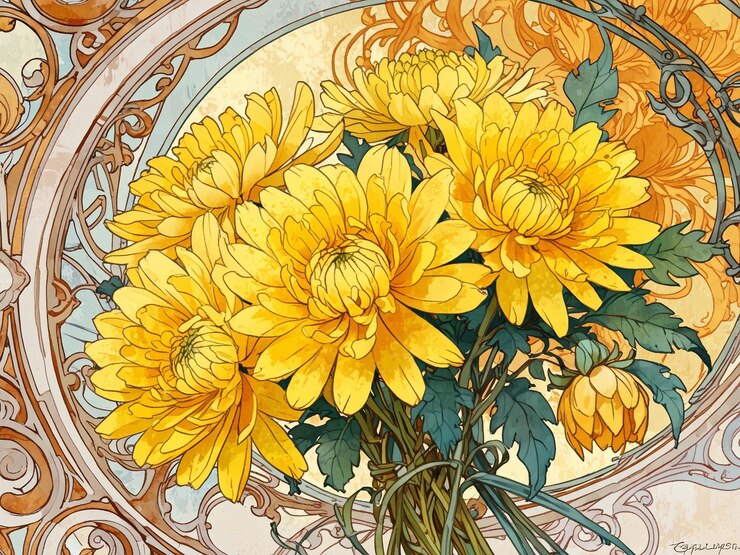 Ilustración en acuarela de un hermoso ramo de margaritas amarillas sobre un fondo de arte de fantasía