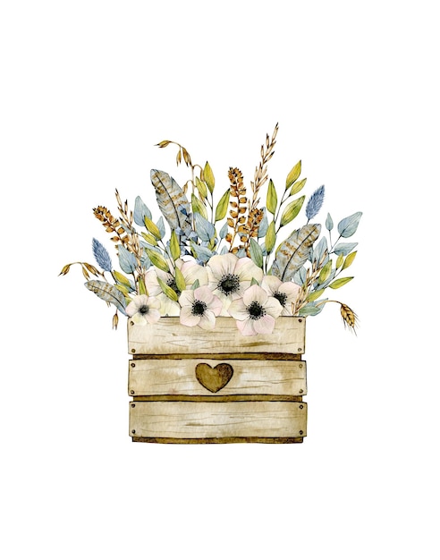 Ilustración de acuarela con hojas de caja de madera de mazorcas de eucalipto de plumas de maíz y anémonas