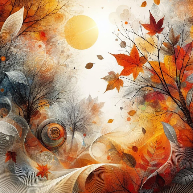 Ilustración en acuarela con hojas de otoño rojas, naranjas, marrones y amarillas