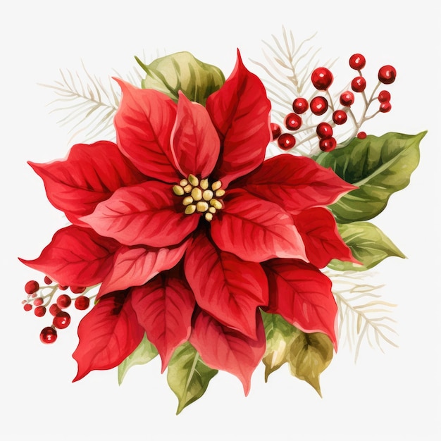 Ilustración en acuarela de hojas rojas y verdes de la flor de la poinsettia sobre un fondo blanco