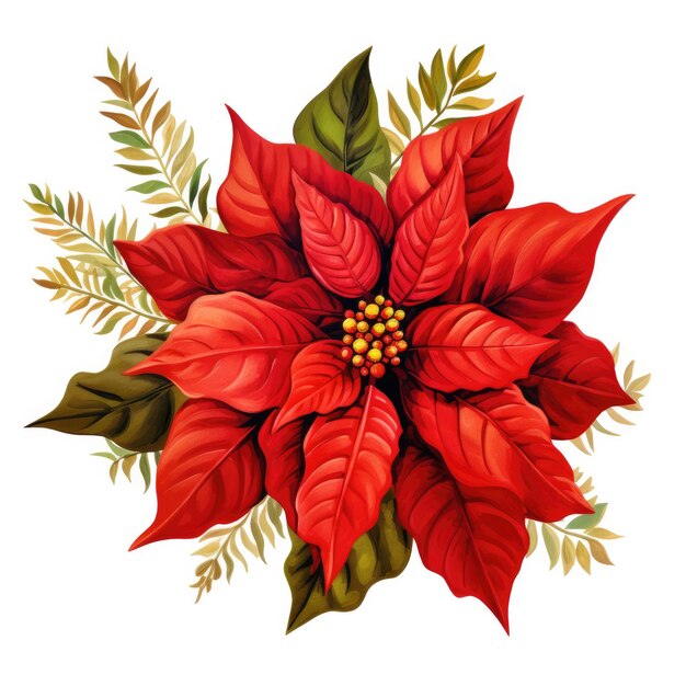 Ilustración en acuarela de hojas rojas y verdes de la flor de la poinsettia sobre un fondo blanco