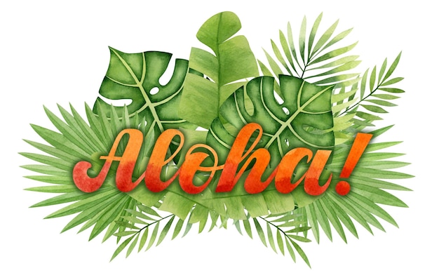 ¡Una ilustración de acuarela de hojas tropicales con la palabra aloha!