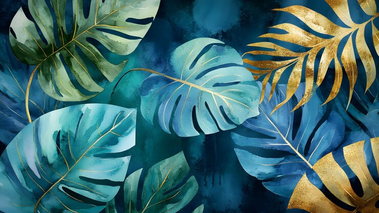 Ilustración en acuarela de hojas tropicales de teal y oro