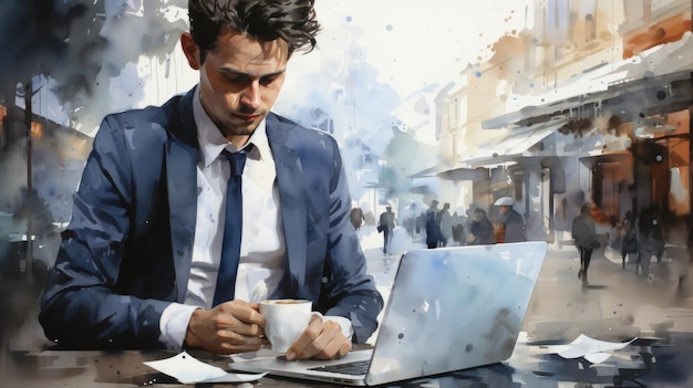 ilustración acuarela de un hombre de negocios sentado y tomando café en un café callejero y trabajando con una computadora portátil