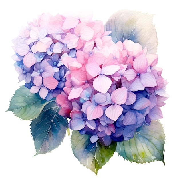 Ilustración de acuarela de hortensia Flor de verano azul y rosa aislada sobre un fondo blanco