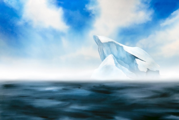 Ilustración acuarela del iceberg del cielo azul del paisaje del mar del norte